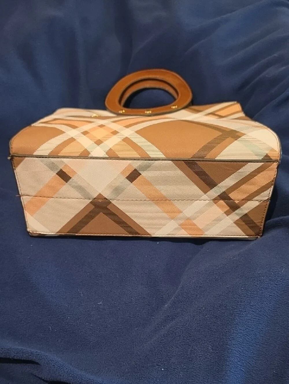 Plaid Brown Circular-Handle Tote Bag